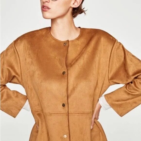 Zara Jacket Womens Small Suede & Fur Brown Golden Snap Buttons Classy Preppy - Picture 4 of 10